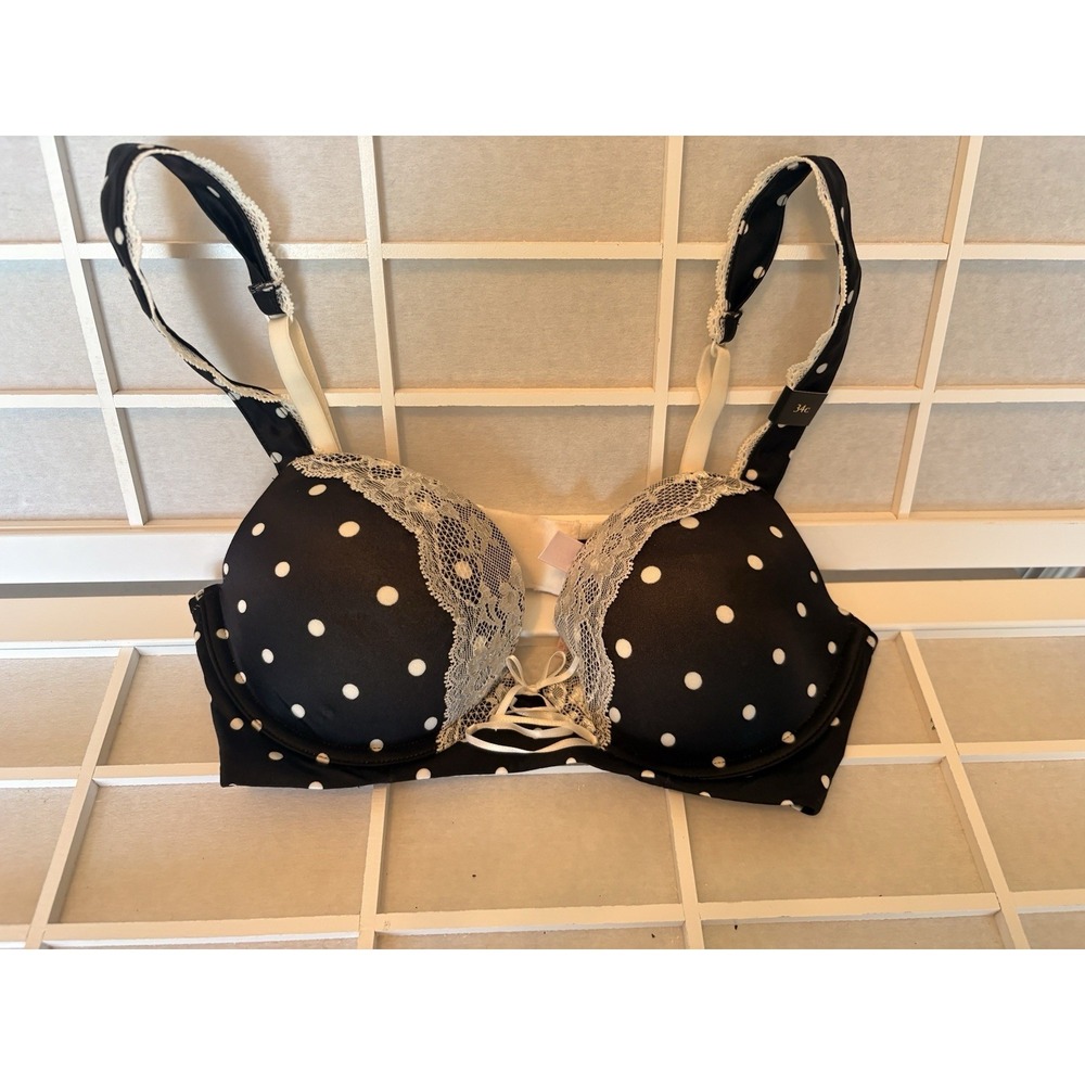 NWT Victoria Secret 34C Blk White Polka Dot Padded Lace Up Underwire Push-Up Bra